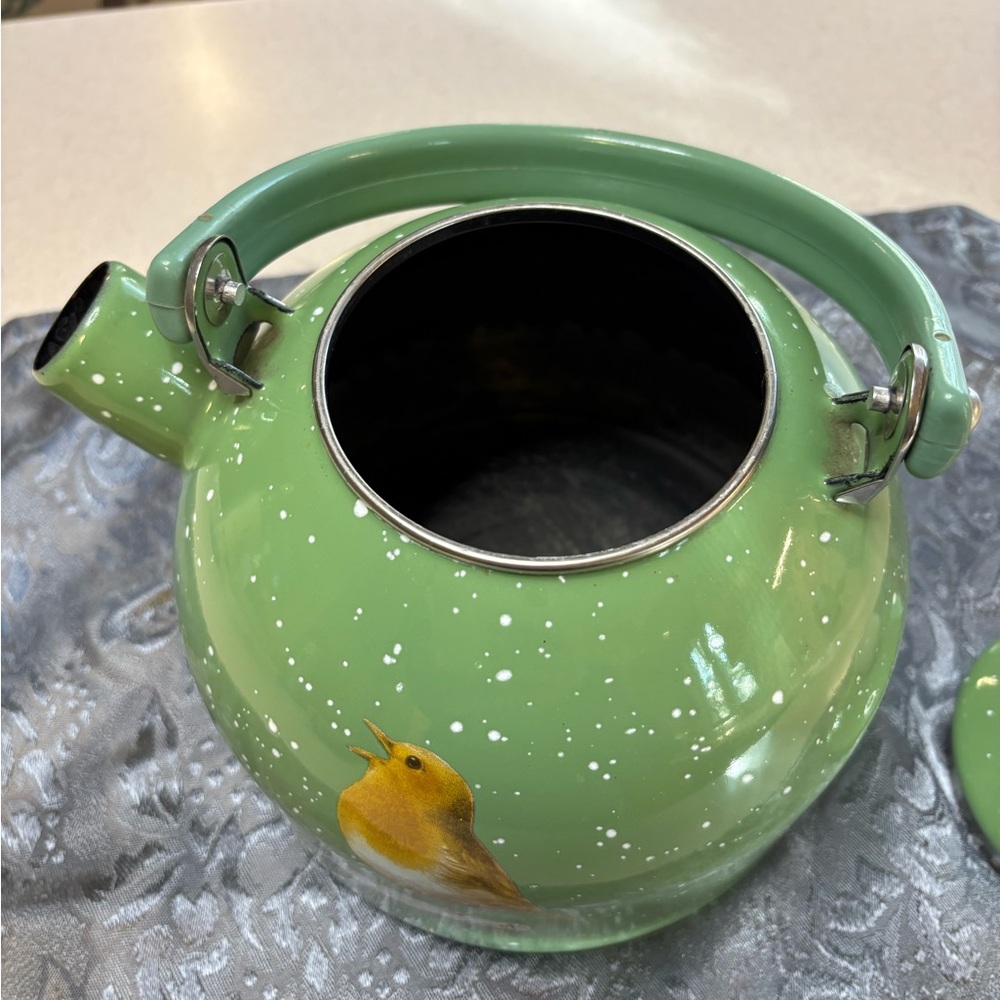Vintage Marjulein Bastin Snow Green Speckled Enamel Tea Kettle - Picture 6 of 10